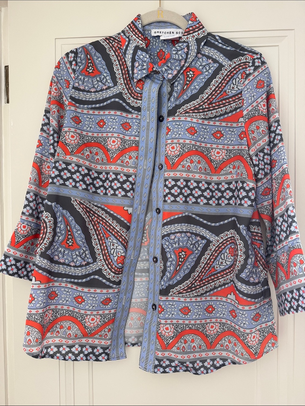 Gretchen Scott Designs Red and Blue Paisley Tie-Neck Button Down